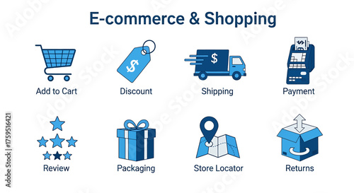 Ecommerce and Shopping icons displayed in two rows of four graphics