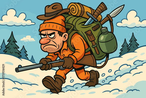 His grumpy hunter adventure vector icon carrying exaggeration through snow large