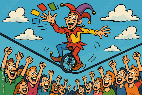 Daring colorful s tossing cards vector across air jester into cheering icon