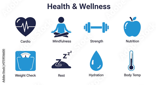 Eight blue icons illustrating health and wellness concepts on a white background