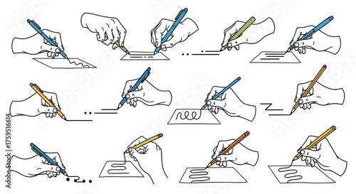 Hands writing with penspencils on paper various writing styles and writing utensils are depicted