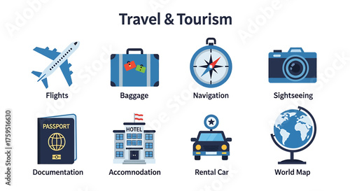 Eight blue icons representing travel and tourism elements arranged in two rows