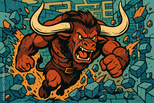 Oversized smashing s force walls vector stone icon minotaur labyrinth fierce through