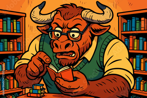 Minotaur surrounded shelves vector tiny librarian glasses books small icon adventure