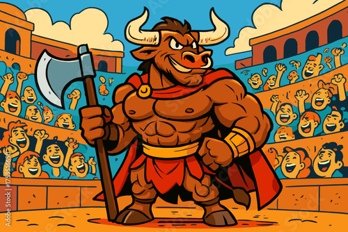 Heroic cheering muscles minotaur vector proudly gladiator comic standing exaggerated icon