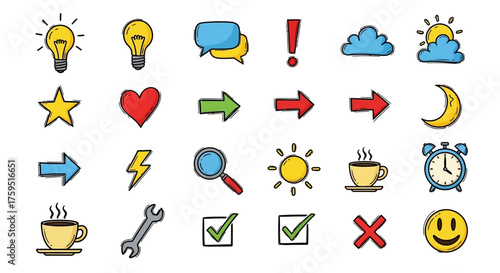 Icons include lightbulbs arrows coffee moon heart exclamation mark and more