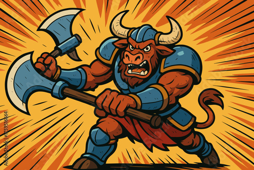 Icon pose lines comic battle giant minotaur armored dramatic vector energy