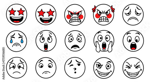 Illustration depicts 15 emojis each expressing a different emotion drawn in a simple black and white style on a white background