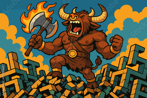 Vector atop flaming walls warrior icon shattered axe minotaur roaring s