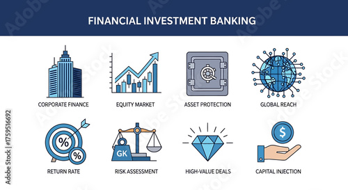 Eight bluetoned icons illustrating financial investment banking concepts