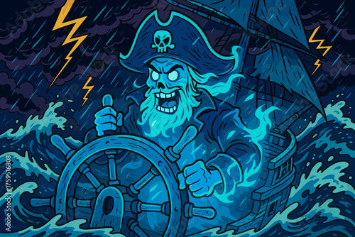 Vector comic ghostly captain icon ship steering phantom pirate through adventure glowing