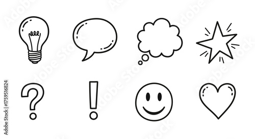 Line art icons bulb speech bubbles star   happy face heart