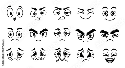 Line art depicts diverse cartoon faces expressing varied emotions all outlined in black on a white background
