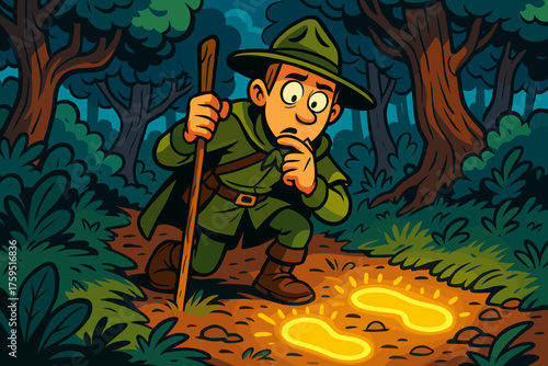 Looking comic glowing magical mystical forest puzzled s tracking icon ranger oversized