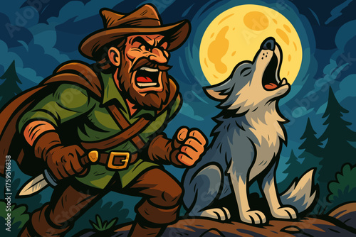 Exaggerated comic both moon vector howling wolf companion icon ranger