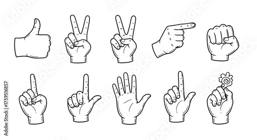 Line drawing of ten hand gestures including thumbs up peace sign pointing fist and holding a spinner toy