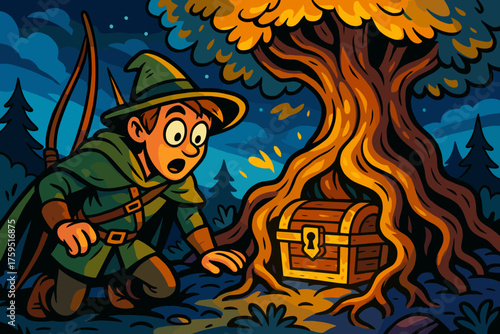 Eyes chest comic icon vector treasure glowing tree ranger hidden finds