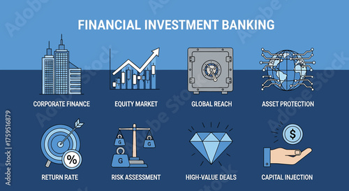Eight icons illustrating facets of financial investment banking services against a blue background