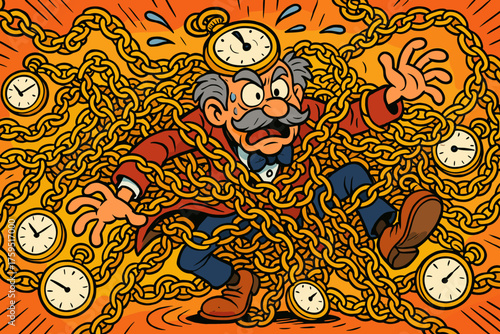 Exaggeratedly vector struggling move timekeeper watch scene to icon chains tangled struggle