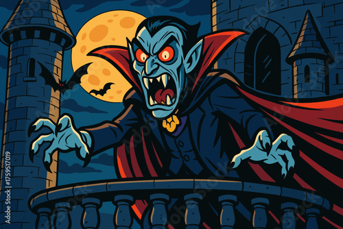 Lord castle vampire icon red under moonlight vector fangs illustration full menacing