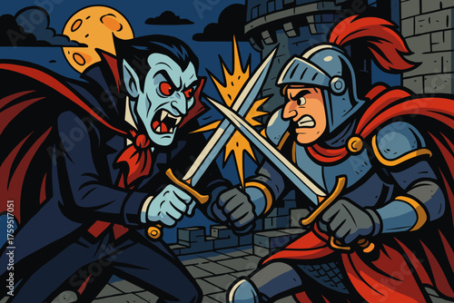 Rooftop fangs showdown clashing duel castle sparks vector lord swords vampire icon