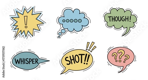 Six cartoon speech bubbles with various expressions like Shot Whisper and question marks on a white background