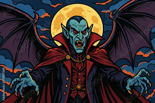 Sky vampire icon ascendant brightly wings spreading lord across vector moon