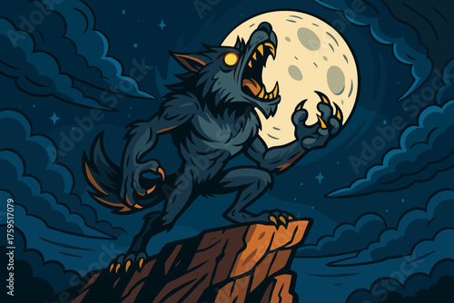 Full fierce vector exaggerated simple eyes icon pose moon howling werewolf