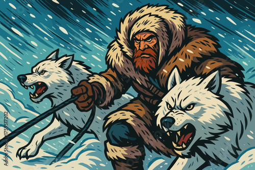 Vector tundra icon beastmaster massive wrapped wolves white icy furs