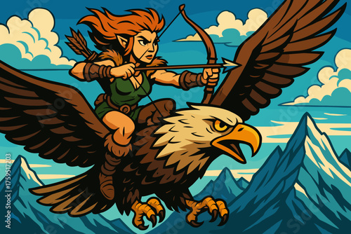 Female soaring simple high above icon peaks eagle beastmaster mountain vector rider