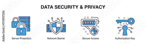 Four blue icons illustrating data security and privacy concepts on a white background