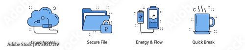 Four blue lineart icons cloud access secure file charging battery and steaming mug