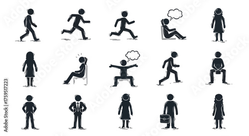 Stylized stick figures depict various actionsposes in a simple black and white design