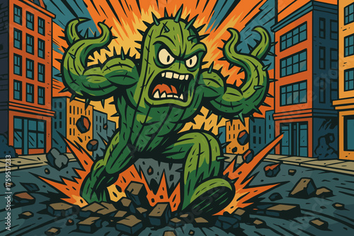 Cactusman smash arms street vector mutant city dramatic cactus simple icon multiple
