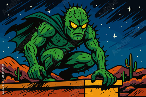 Icon night sky vector rooftop under yellow cactusman eyes green starry spiky