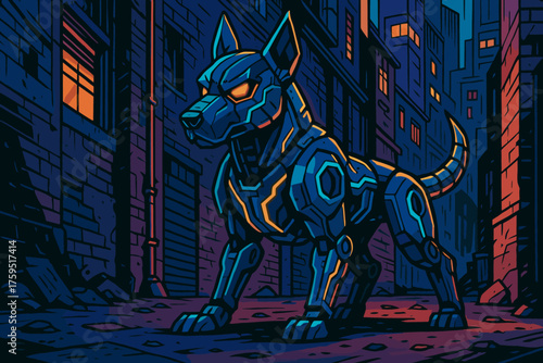 Guard vector robotic icon standing futuristic city metallic circuits neon canine