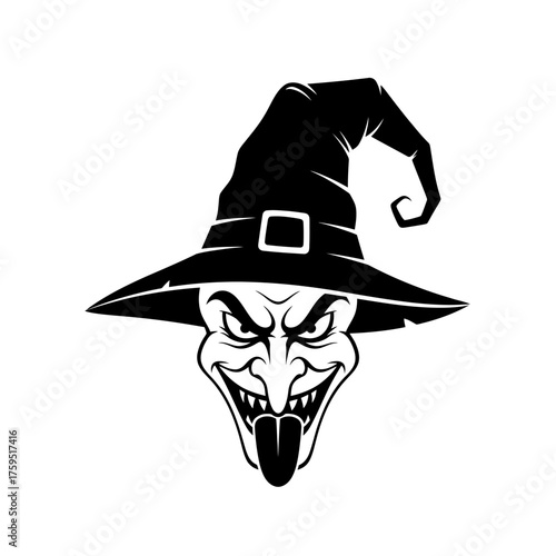 Spooky witch head with pointed hat and wicked grin terrifying halloween character portrait isolated graphic element isolated on white background