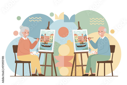 Happy senior couple painting together enjoying a creative art class Lifestyle hobby and leisure