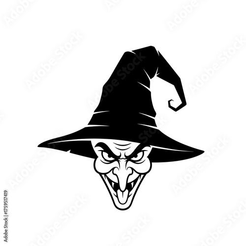 Menacing witch face with wicked grin and pointed hat iconic halloween symbol for spooky celebrations and scary themed designs isolated on white background
