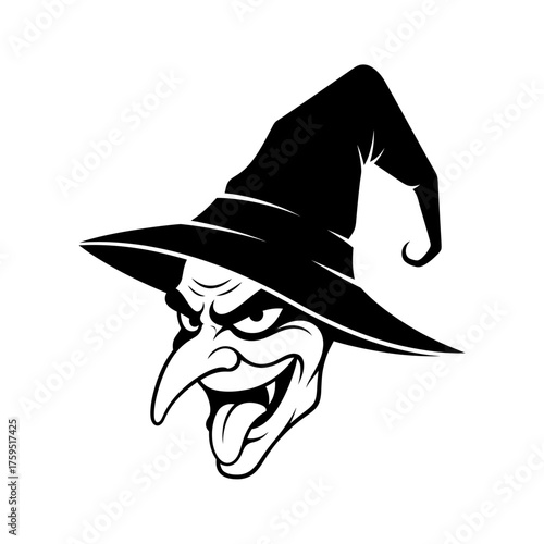Spooky witch face with pointed nose and hat spooky halloween character illustration for spooky season decorations and celebrations isolated on white background