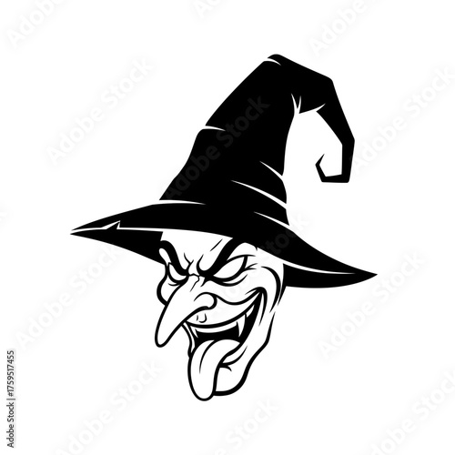 Spooky witch face with pointed hat scary grinning evil halloween character graphic design element isolated on white background