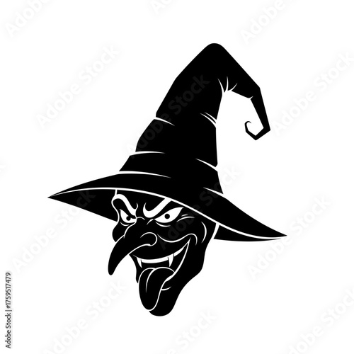 Menacing black silhouette of a wicked witch's face wearing a tall pointed hat emanating spooky halloween vibes and dark magic isolated on white background