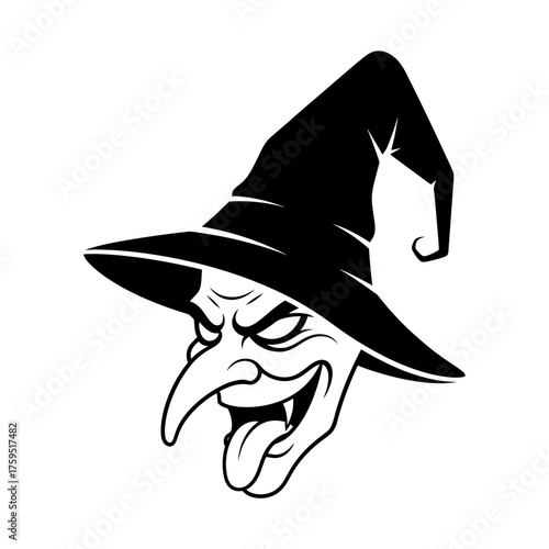 Spooky wicked witch head silhouette with pointed hat and sharp teeth halloween graphic isolated on white background