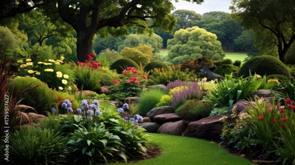 Obraz premium Landscape design with green, mown lawn, flowers, bushes, and stones harmoniously integrated into surrounding environment, creating atmosphere of tranquility and contemplation. Copy space for text.