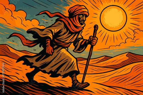 Walking desert robes glowing holding sun vector blazing nomad lone wanderer icon