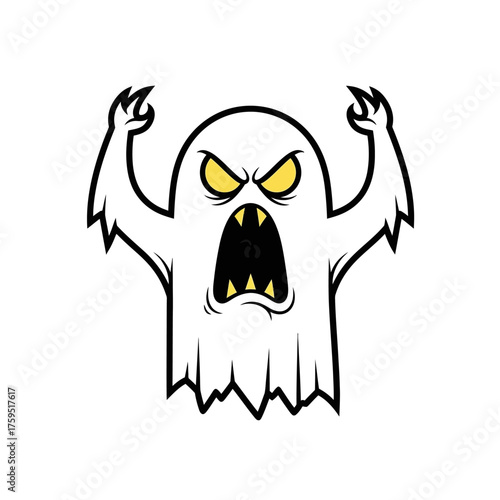 Furious cartoon ghost with angry eyes and open mouth halloween spooky character screaming terrifying phantom spirit unleashed isolated on white background