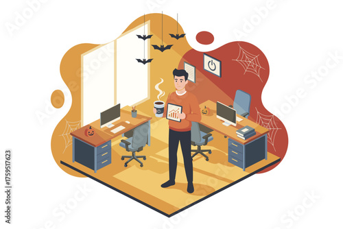 Professional working in a Halloweendecorated office holding tablet and coffee