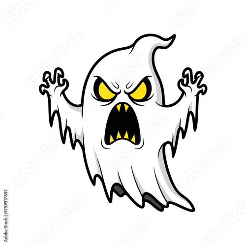 Scary white ghost character with spooky expression and wide open mouth ready to haunt halloween season spooky spirits isolated on white background