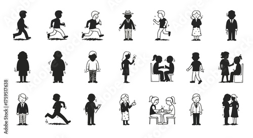 Variety of doodlestyle figures depicted in different poses and situations
