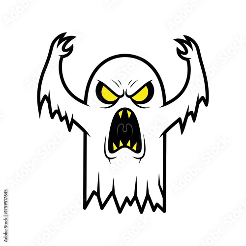 Scary cartoon ghost character with glowing yellow eyes and fangs ready to haunt and scare halloween party or spooky event decorations isolated on white background